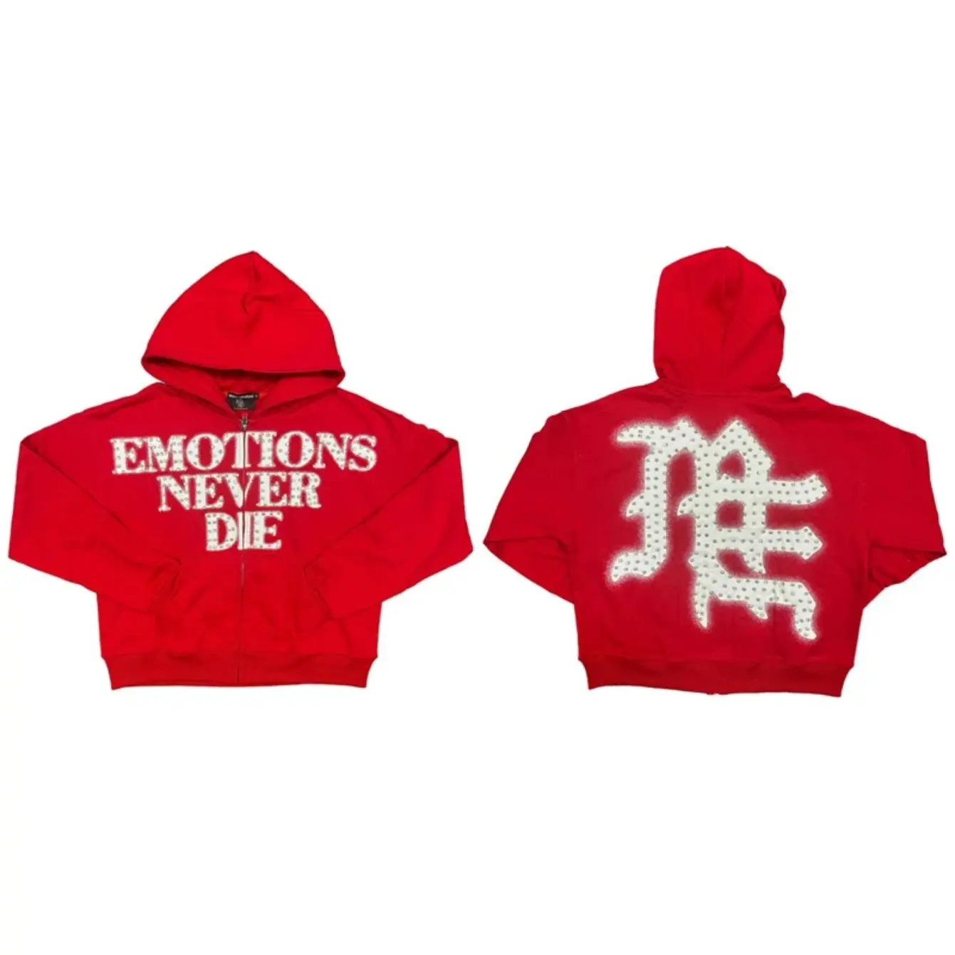 Mixed Emotion Rhinestone Letter Zip-Up Hoodie Red Oversized Streetwear "Emotions Never Die" Y2K Hip Hop Hooded Sweatshirt 2026 Fall Festival Heavy Fleece Moisture Wicking Mens Casual Zip Hoodie