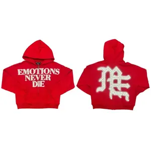 Mixed Emotion Rhinestone Letter Zip-Up Hoodie Red Oversized Streetwear "Emotions Never Die" Y2K Hip Hop Hooded Sweatshirt 2026 Fall Festival Heavy Fleece Moisture Wicking Mens Casual Zip Hoodie