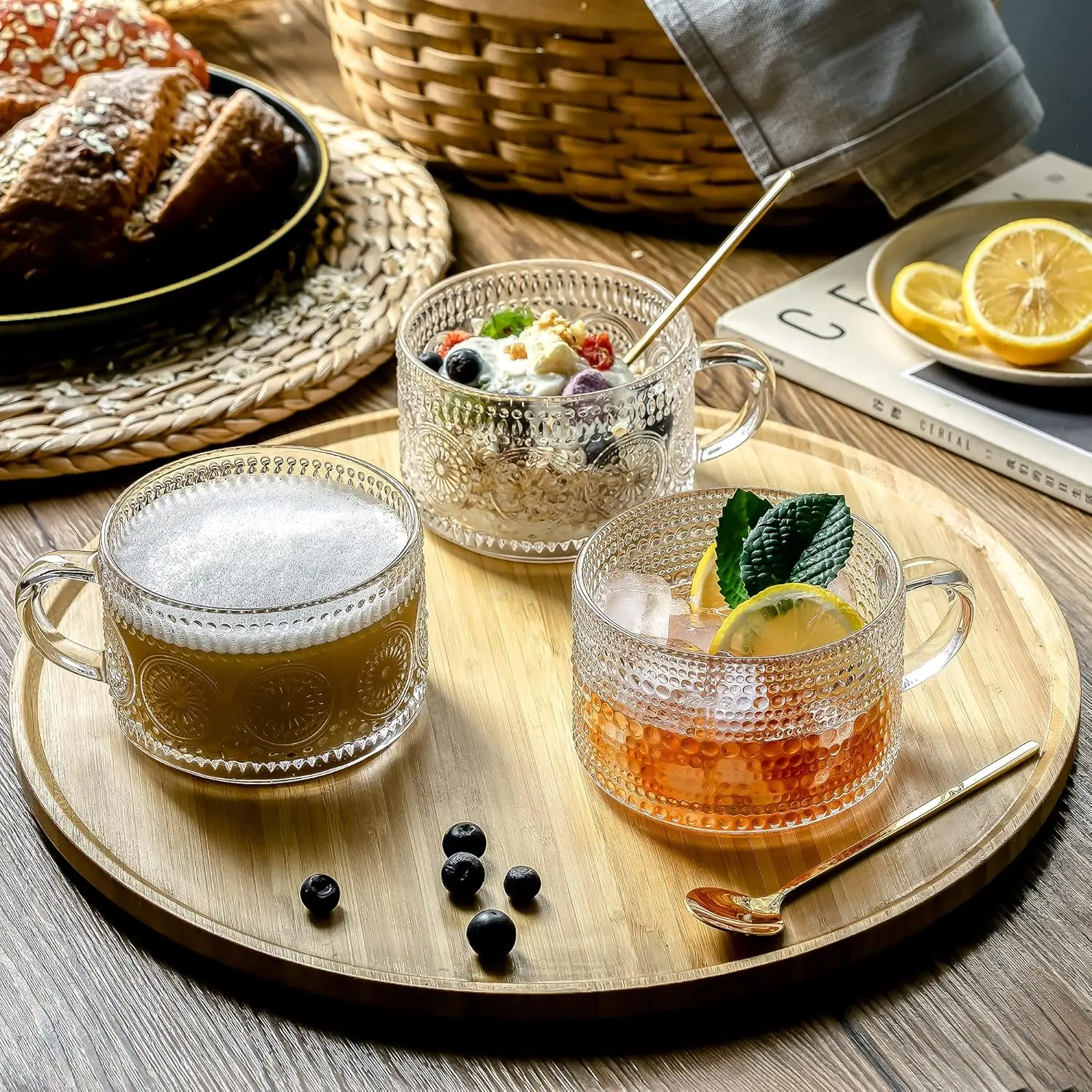 Nifogo Vintage Coffee Mugs 8Pcs Set, Clear Embossed Tea Cups with Bamboo Lids and Spoons, 16 Oz Glass Coffee Cups, Cute Coffee Bar Accessories, Iced Coffee Glasses, Ideal for Cappuccino, Latte (Transparent)