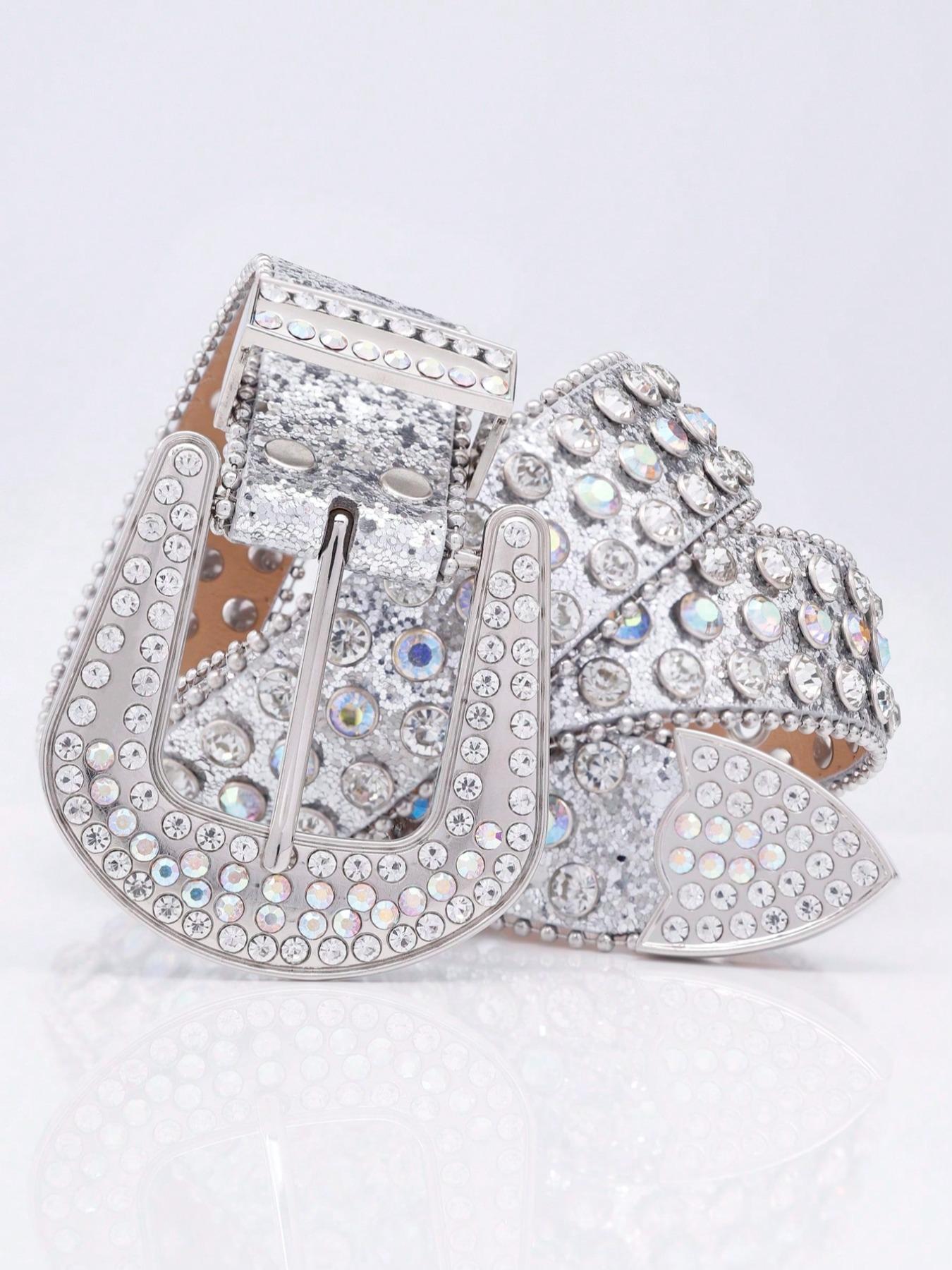 1 Piece Rhinestone Western Buckle Belt, Fashion Holographic Belt, Glitter Punk Waistband for Party, Daily Clothing Decoration, Bling Western Belt