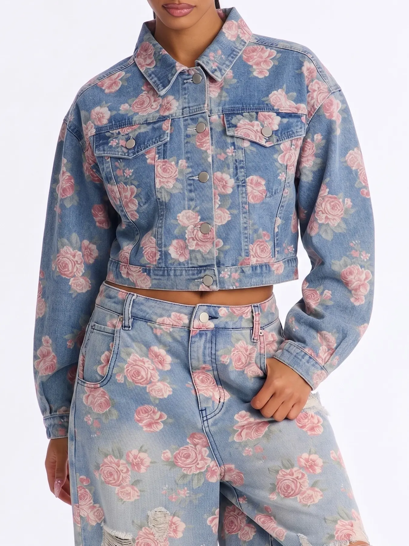 Women's Vintage Floral Jean Denim Jacket, Lapel Collar Long Sleeve Slim Fit, Button Closure Casual Outerwear, Street Style Medium Length Top