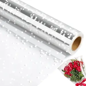 100ft x34in Extra Wide Clear Cellophane Wrap Roll 2.5 Mil Thick Transparent Plastic with White Snow Dots for Bouquet Baskets Gifts Crafts Treats Wrapping Food Grade (34" Fold into 17")