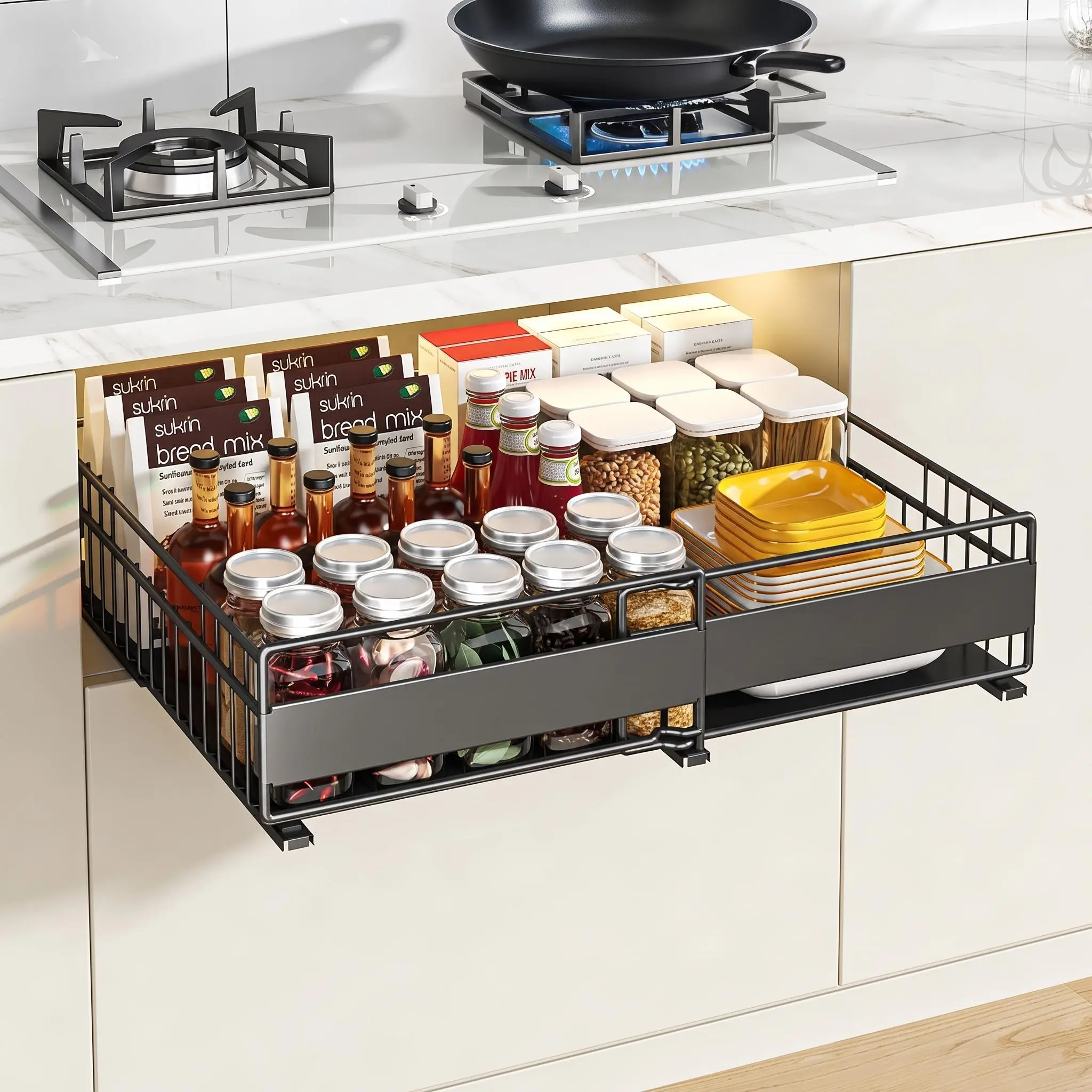 Adjustable Pull Out Spice Storage Rack, Heavy-Duty Slide-Out Drawer Organizer, Drill-Free Mount Fits 12.2"-19.29" Wide Kitchen Cabinets, Space Saving Pantry Organizer