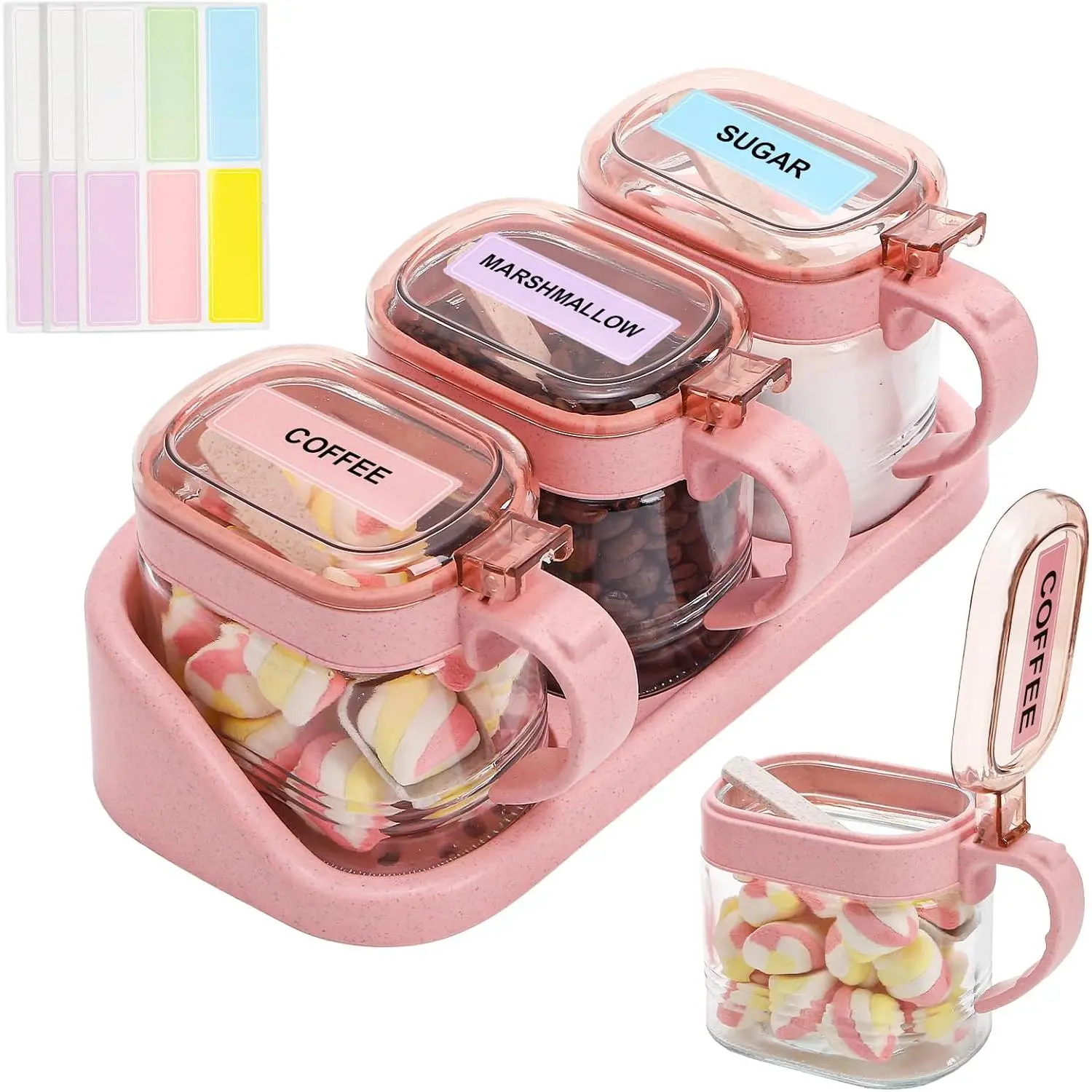 3 count Glass Coffee Sugar Container Set, 10oz   Jars with Labels, Scoops and Tray, Seasoning Box Salt Containers Condiment Jar Set for Kitchen, Coffee Beans, Sugar, , Candy