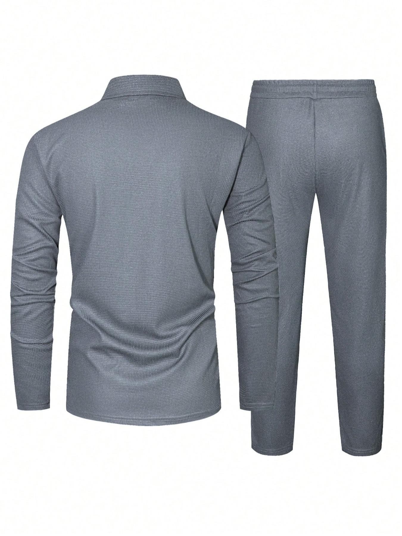 Men's Solid Color Zip Polo Shirt and Drawstring Waist Pants Set, Stylish Long Sleeve Top with Practical Pocket Design for Casual Sports