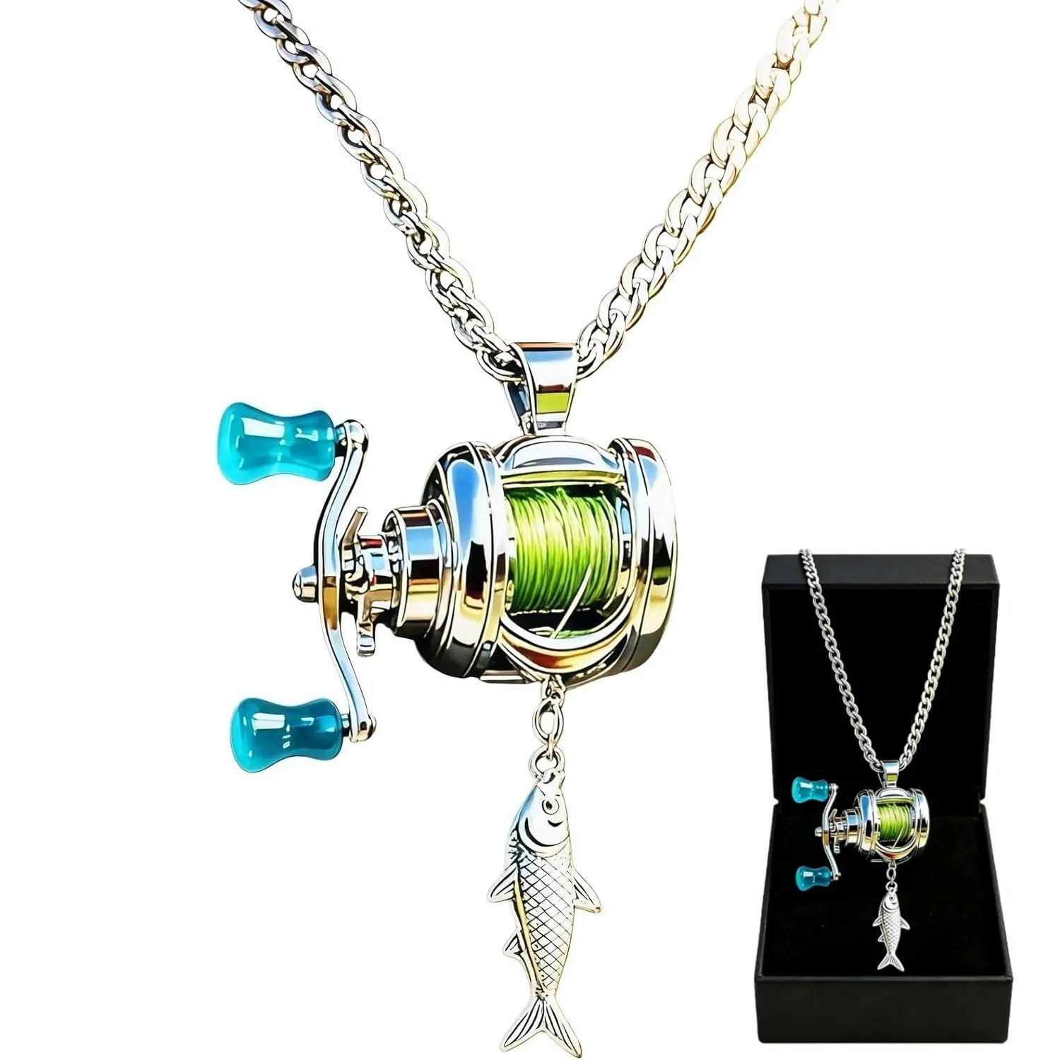 Functional Fishing Reel Necklace for Guys, Key Chain Accessories with Rotating Handle, Catfish Hook & Mini Ring - Fisherman Fish Pendant, Outdoor Party Gift Miniature Fishing Gear, Fishing Lure Necklace Guy