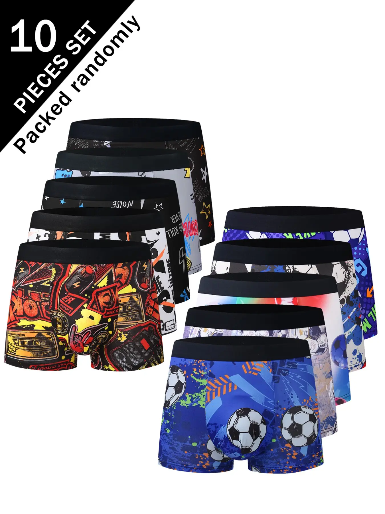 10-Pack Random Print Men's Boxer Briefs, Athletic Boxers Briefs, Street Graffiti Football Style, High Elasticity, Comfortable Soccer Sporty Trunks, Youth Fashion