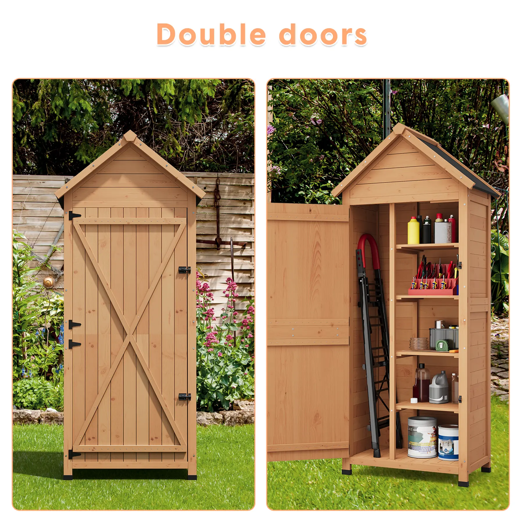 Outdoor Storage Shed, Small Waterproof Garden Tool Shed with 4 Shelves & Lockable Doors, Compact Wood Storage Cabinet for Patios, Backyards, Balconies, Natural