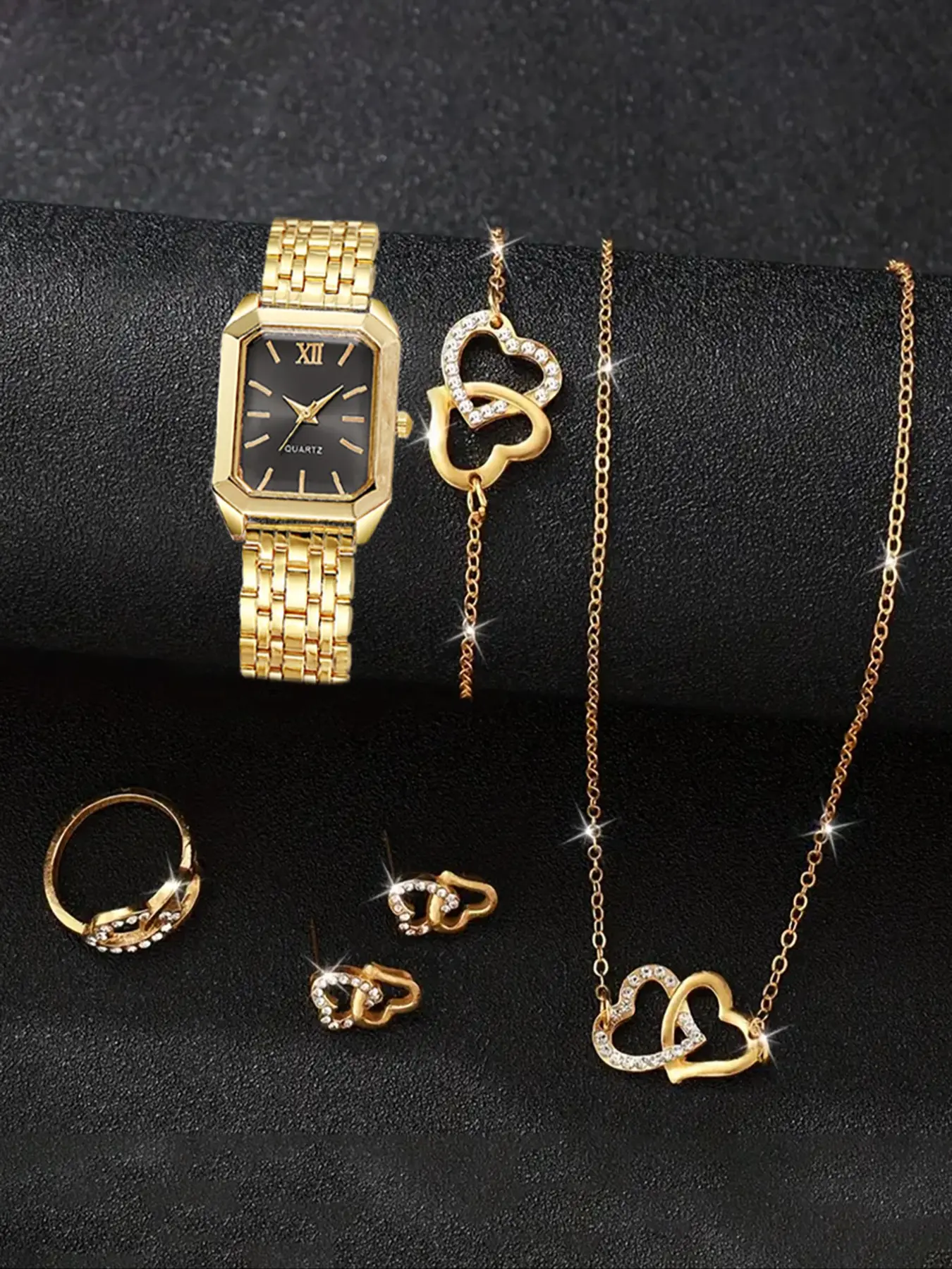 Elegant Quartz Watch Set with Necklace Bracelet Ring Earrings, Stainless Steel Band, Perfect Gift for Women, Jewelry Watch Set