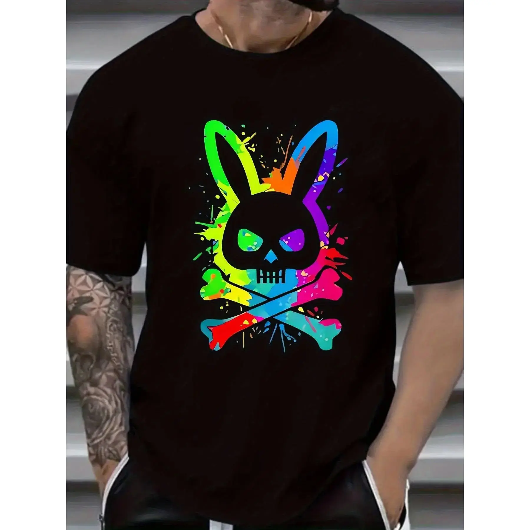 Women's Rabbit Skull Graphic T-Shirt, Casual Oversized Cotton Top, Lightweight Short Sleeve Streetwear Tee, Shortsleeve, Vibe, Tshirt, Style, Biker, Girl, Soft, Digital Print, All Seasons, Vibrant Print