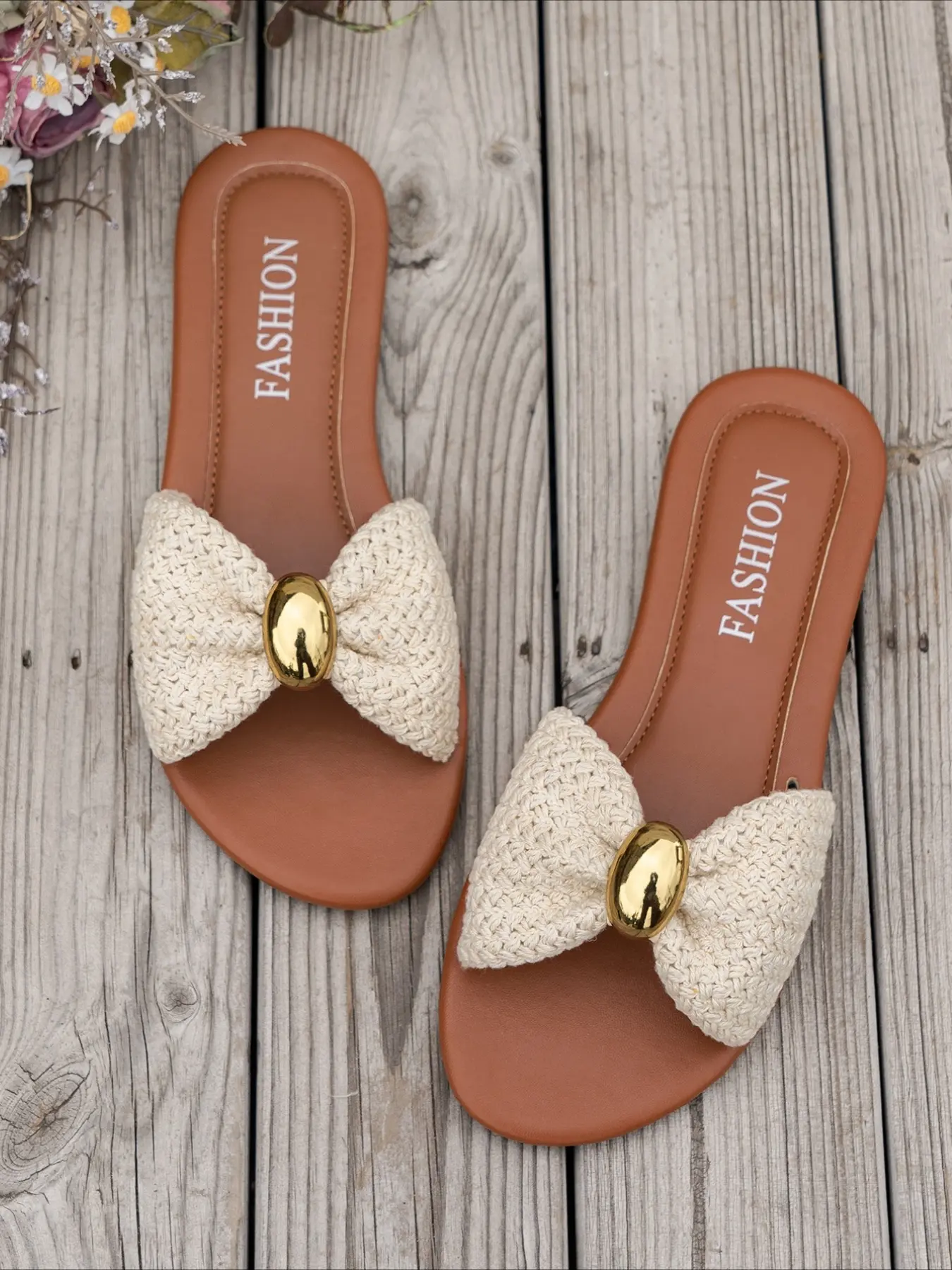 Vintage Bow Woven Flat Slides, Ladies Women Non Slip Soft Sole Summer Outdoor Beach Slippers Footwear for Beach