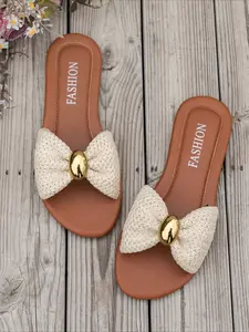 Vintage Bow Woven Flat Slides, Ladies Non Slip Soft Sole Summer Outdoor Beach Slippers