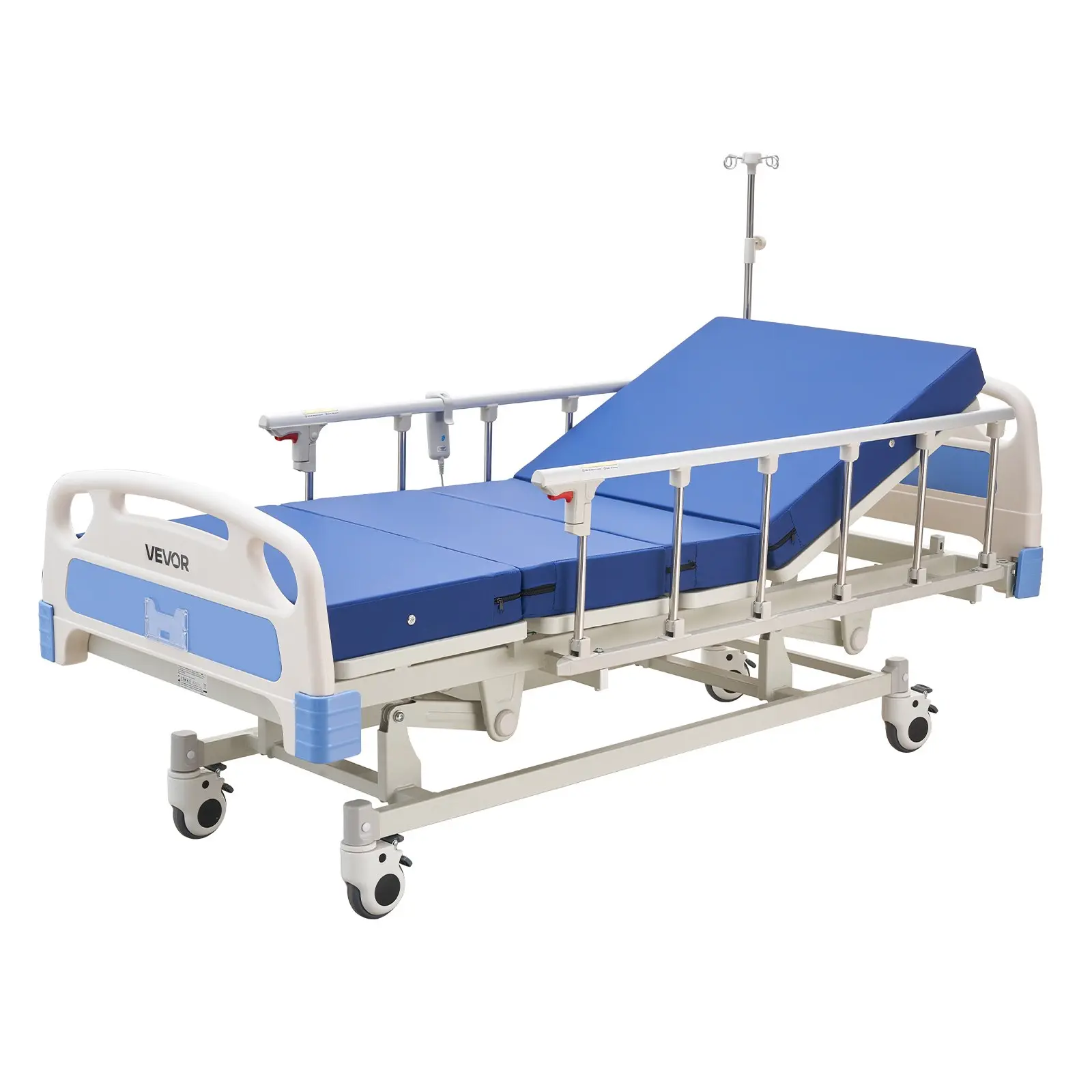VEVOR Premium 3 Function Full Electric Hospital Bed, ICU Electric Medical Bed with Backrest, Legrest Height Adjustment, 5" Locking Casters, High-Density Mattress for Home Hospital, 550LBS Loading