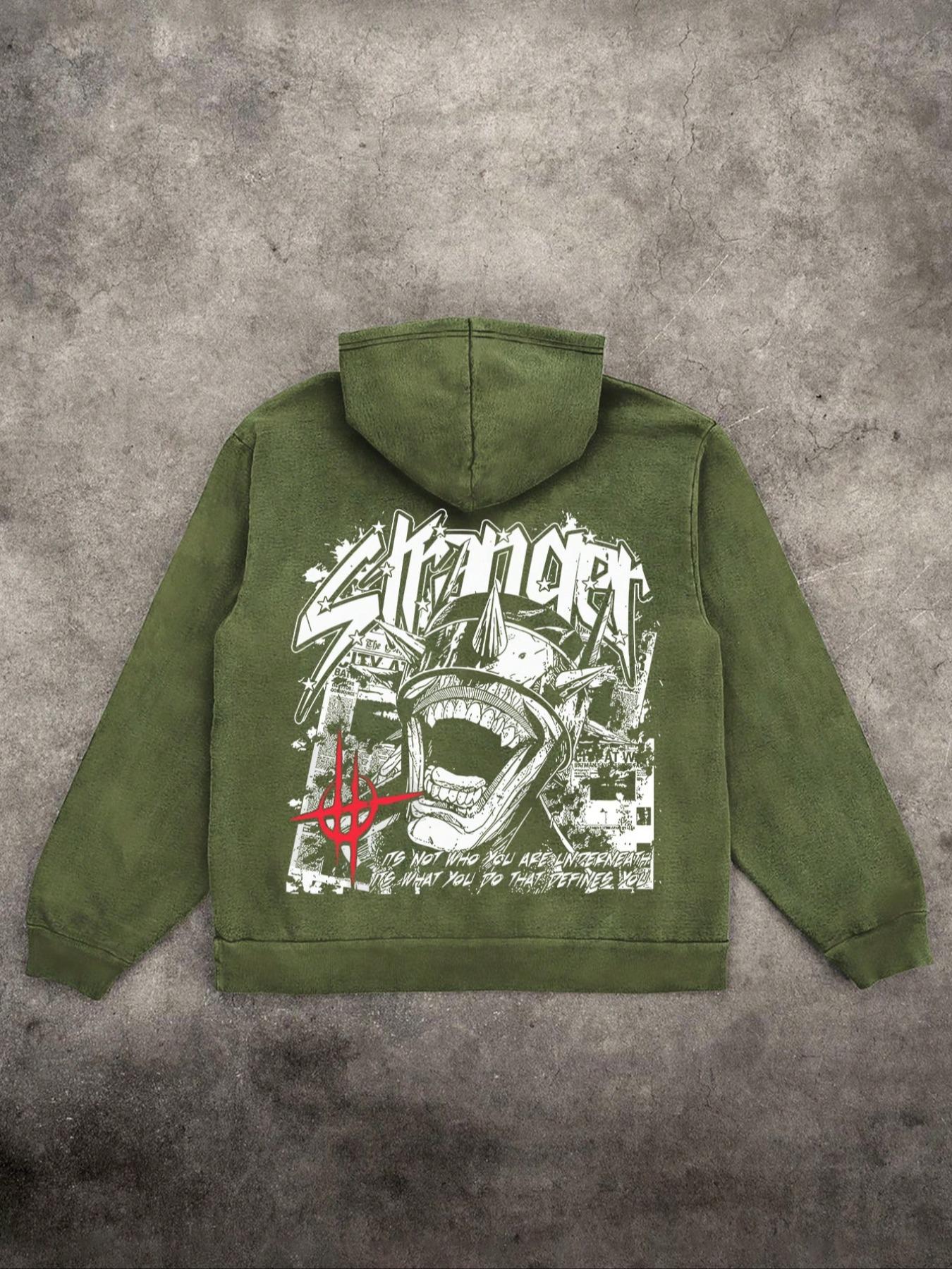 Men's Street Style Graphic Print Washed Distressed Drawstring Hoodie, Casual Comfy Long Sleeve Kangaroo Pocket Design Hooded Sweatshirt for Daily Wear