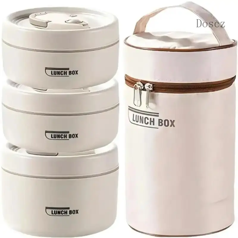 Portable Insulated Food Lunch Container Set, 3 Counts Beige Thermal Durable Lunch Box & 1 Count Insulated Bag, Modern Travel 3 Separate Stackable Lunch Container for Adult &, Insulated Bento Box, Leakproof Lunch Compartment, Kitchenware, Snack Box
