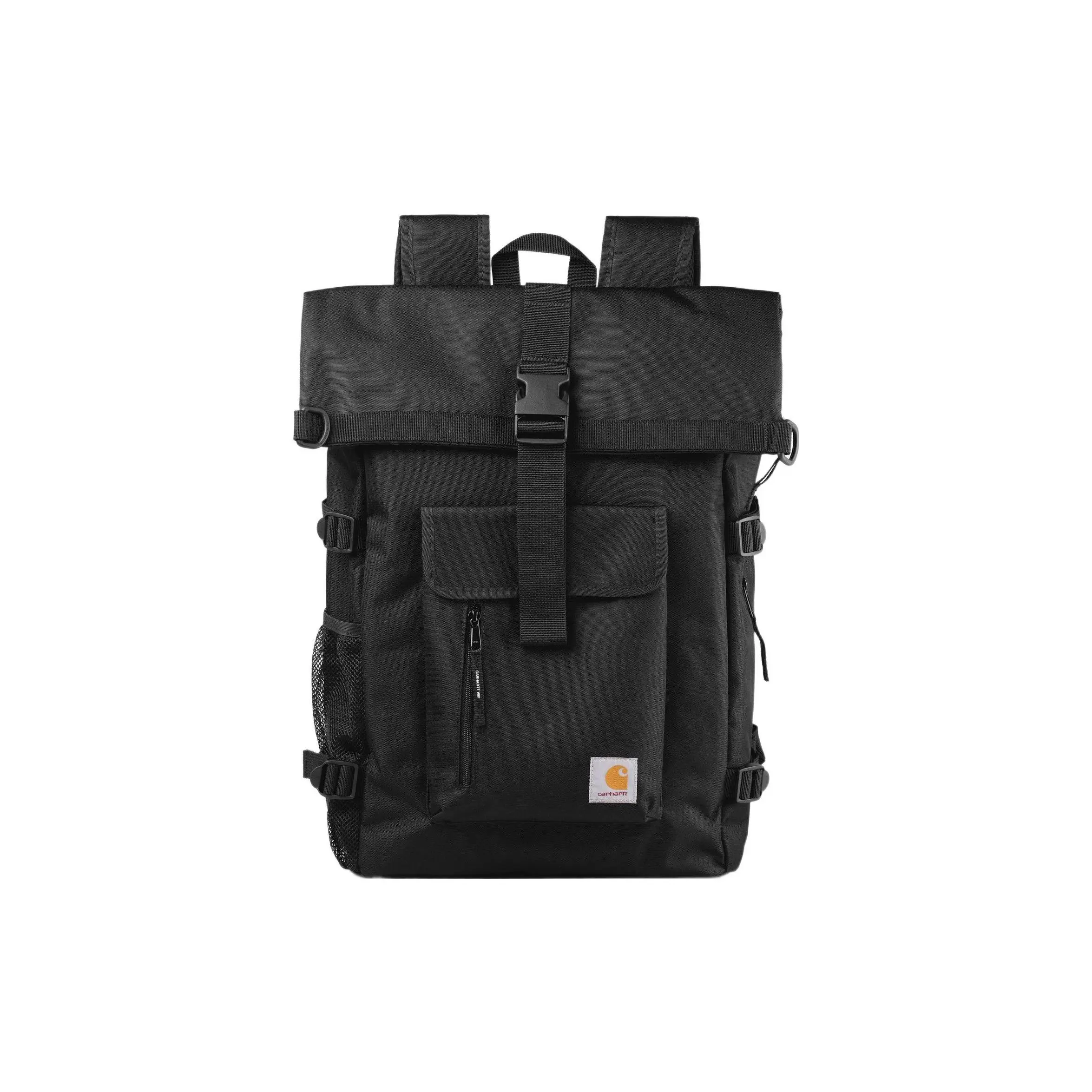 Carhartt WIP Philis Adjustable Strap Logo-Clasp Multi-Layer Flap Backpack for Men, Polyester Canvas, Black
