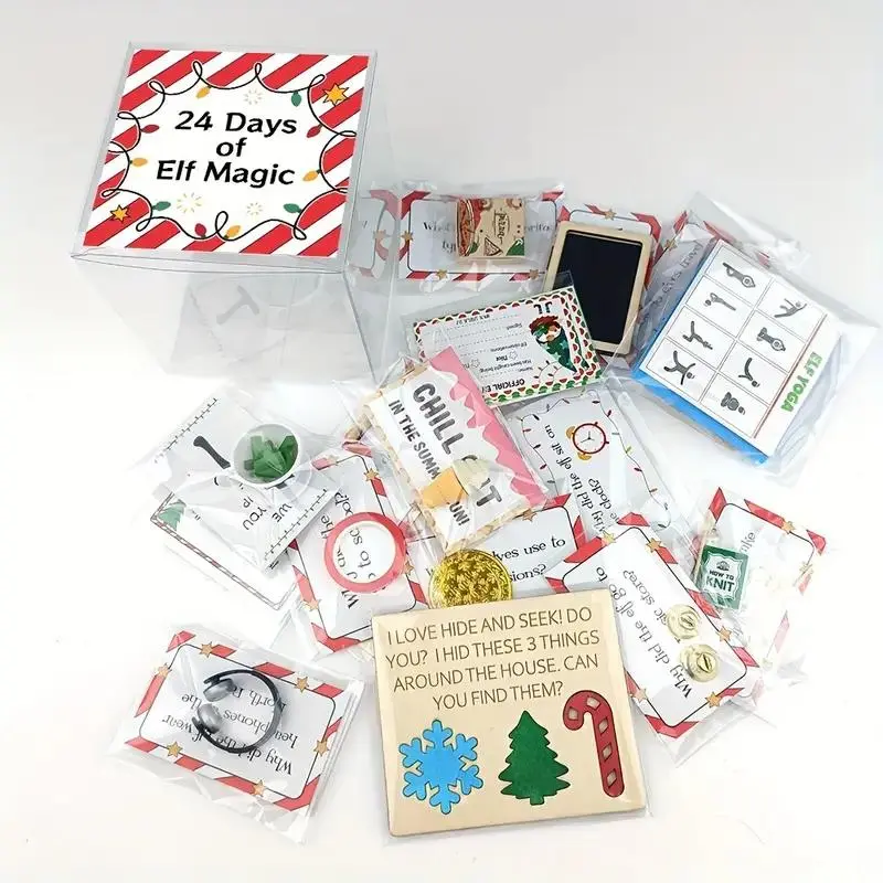 24 Days of Elf Magic Kit, Festive Holiday Party Favors, Colorful Elf Illustrations, Paper & Plastic Items, Christmas Gift Idea