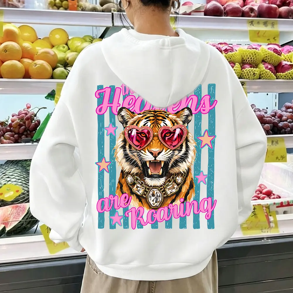 Tiger Graphic Hoodie "The Heavens are Roaring" - Pink Heart Glasses Tiger Back Print Pullover Sweatshirt Unisex Y2K Aesthetic Trendy Streetwear
