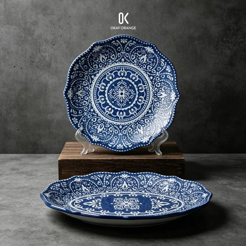 Vintage Blue and White Ceramic Dinner Plates Boho Mandala Pattern Serving Platter, 8.2 Inch Round Salad Plate & 11.1 Inch Oval Serving Dish, Microwave Dishwasher Safe