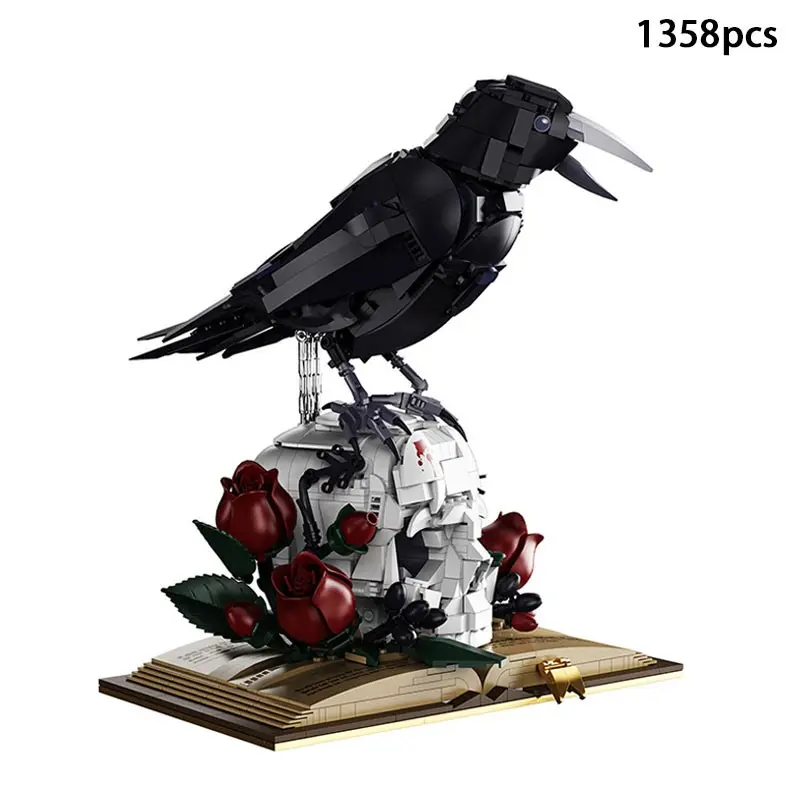 1358PCS Crow Bookish Art Building Set, Featuring Crow/Skull/Rose & Books, Dark Floral Art Building Kit, Diy Building Model, For Gothic Style Enthusiasts and Building Block Collectors, Halloween, Christmas Decoration