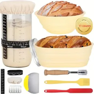 1 set [34oz Starter Kit for Artisan Baking] Silicone Sourdough Bread Making Kit with 34oz Starter Jar, 2 Proofing Baskets, Feeding Tracker, Thermometer, Metal Scraper & Accessories for Artisan Bread Baking