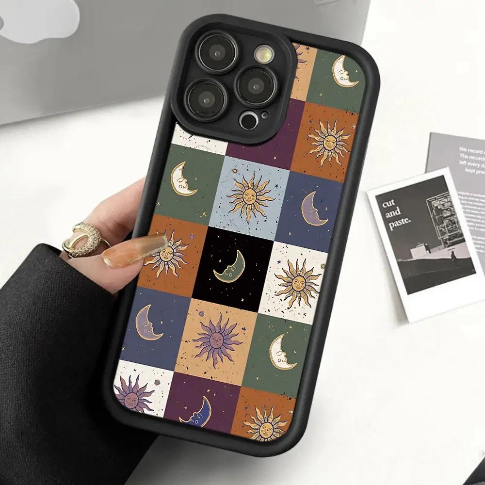TPU Phone Case Featuring a Sun And Moon Grid Design, Designed to Be Shockproof And Fall-Resistant, Making It a Perfect Birthday Or Festival Gift for Both Men And Women, Compatible with iPhone 17 E Air Pro ProMax iPhone16 15 14 Plus 13 12 Mini 11 X XS XR ﻿