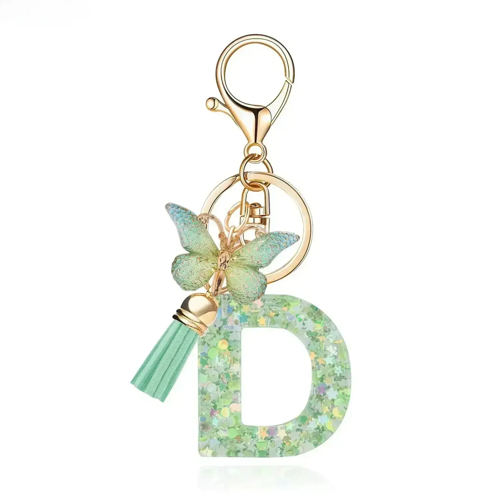 Personalized Initial Bag Charm Keychain, Coquette Mint Green Resin Letter Pendant with Glitter Star Butterfly Accent & Tassel, Cute Kawaii Purse Accessory for Women Girls, Back to School Gifts and Daily Carry campingessentials