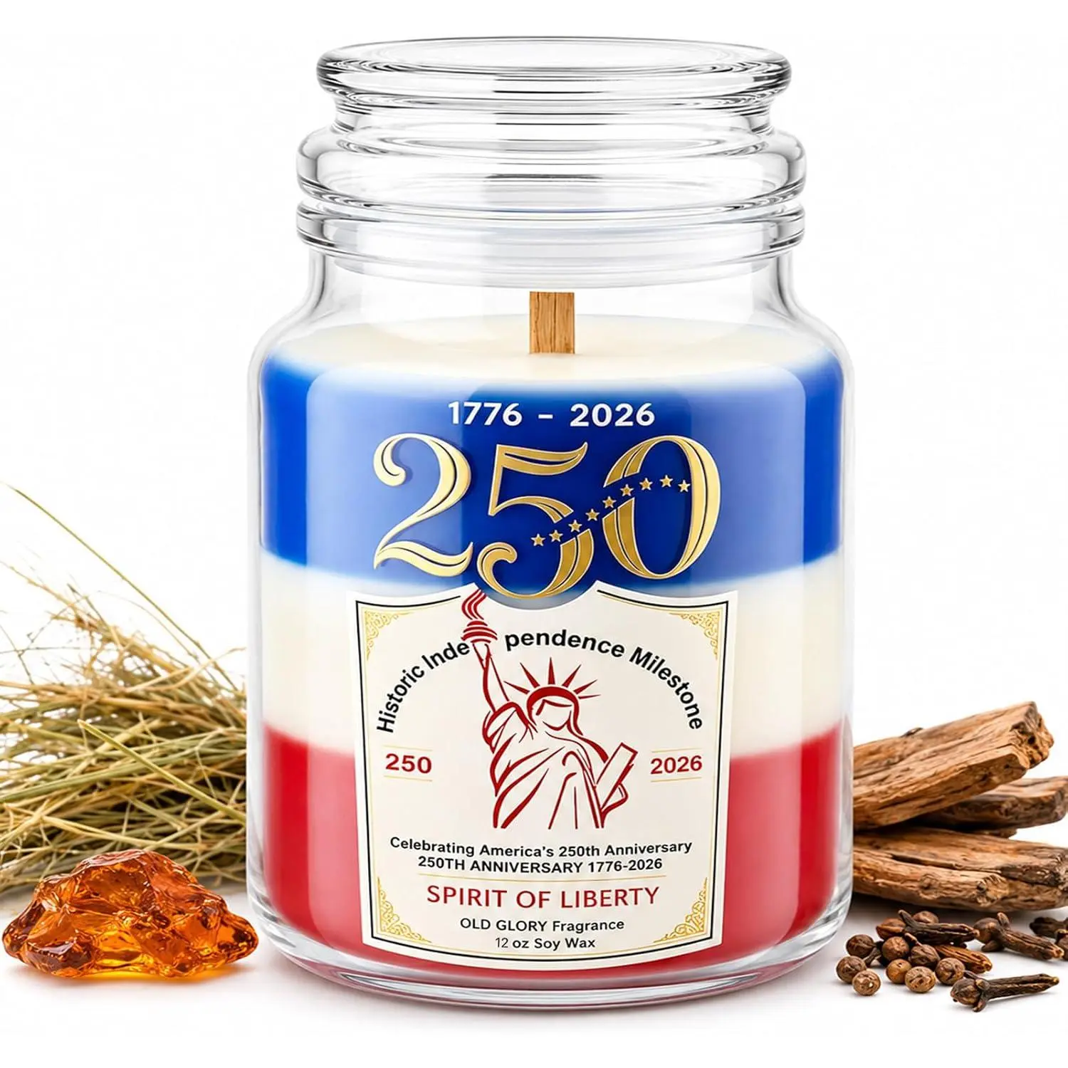 4th of July Patriotic Candle – 12oz Soy Wax Candle, Cozy Woody Amber Scented candles, Independence Day Decorations, USA Themed Home Decor & Gift