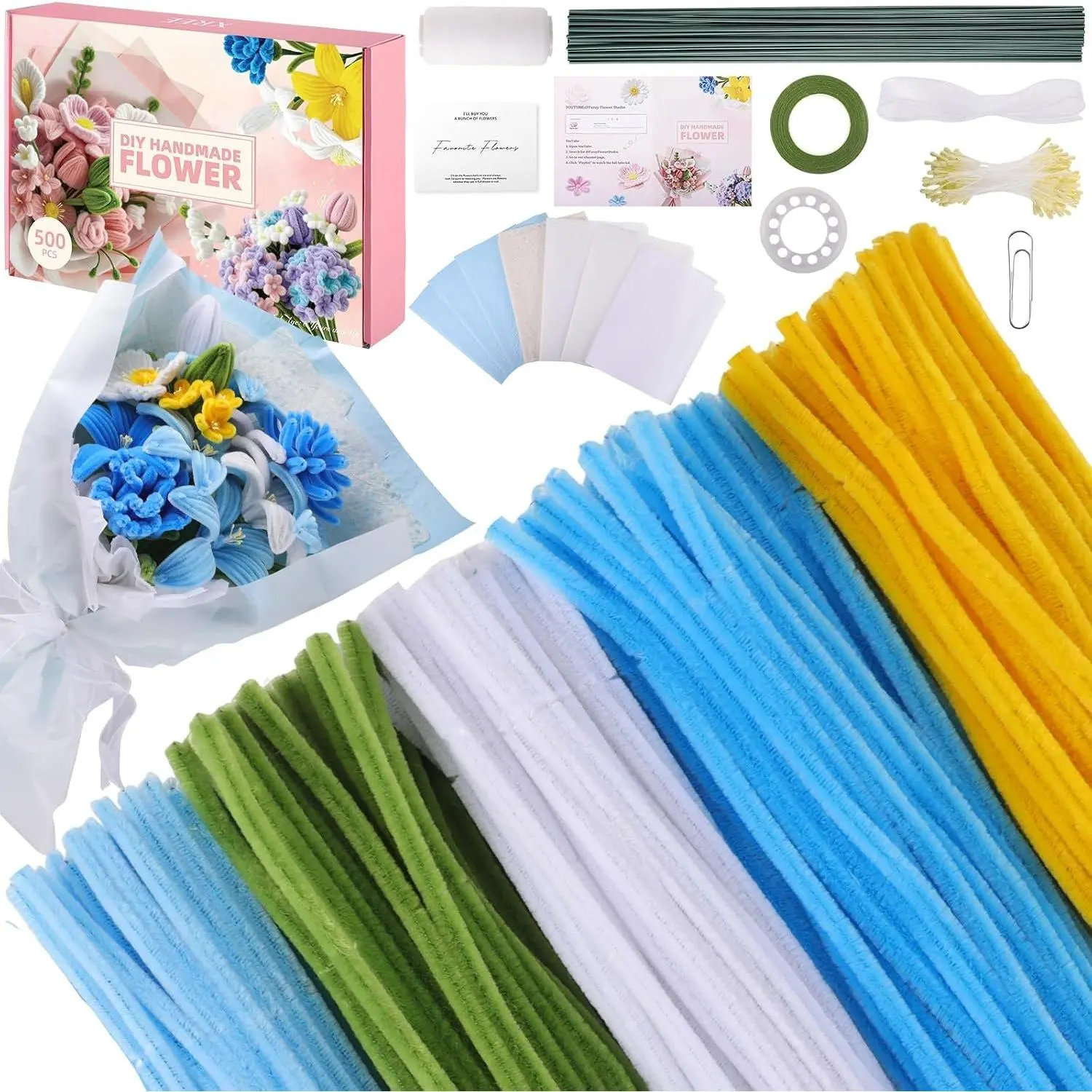 500 count Blue Pipe Cleaner Flower Kit | Pipe Cleaners Bulk Chenille Stems with Floral Wires, Gardening Tape,Stamen& Ribbon, Wrapping Paper (5 Colors)