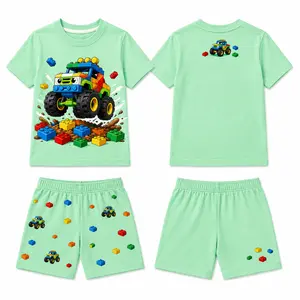 Toddler Boys Building Block 2 Piece Outfit Set, Kids Summer Short Sleeve Graphic T Shirt and Elastic Waist Shorts, Toy Robot Dinosaur Monster Truck Astronaut Print Matching Clothes, Casual Playwear for School, Daycare, Vacation, Birthday Gift, Ages 2-7