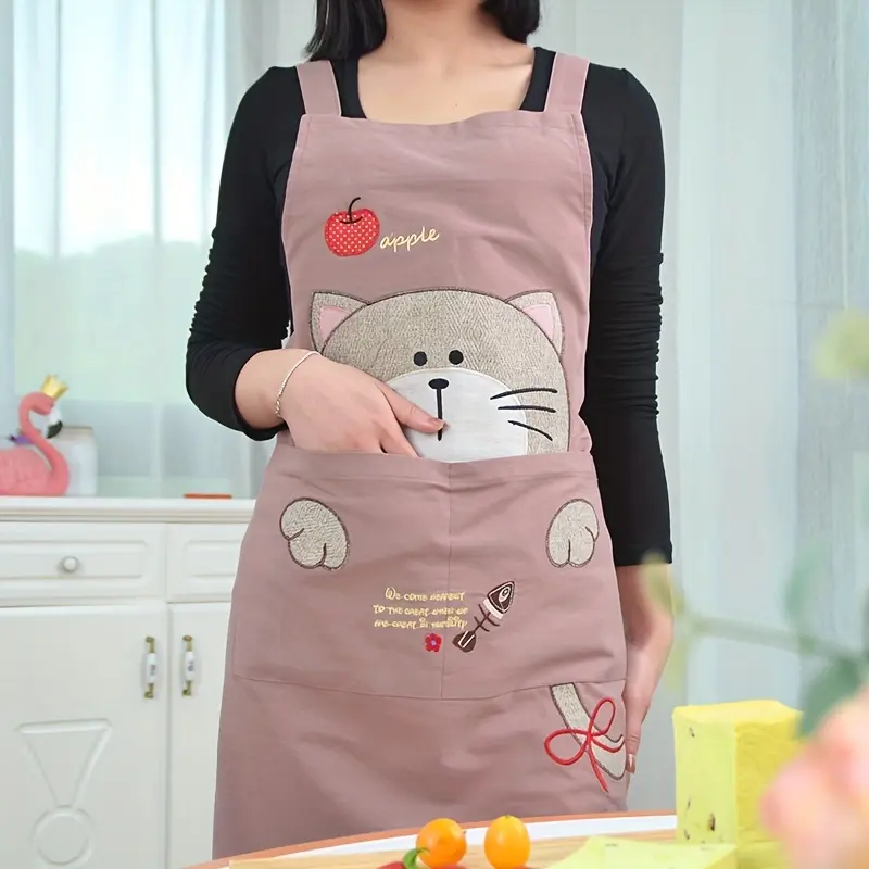 Unisex Cartoon Cute Cotton Breathable Waterproof Apron with Pocket, Sleeveless Tunic for Home Kitchen Cooking in Summer, Home Supplies Work Clothes