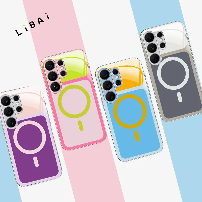 Fits Samsung Galaxy S26/S25/S24/S23/S22/S21/S20 Viral Dopamine Color Block MagSafe Magnetic Glass Phone Case, Two-Tone Bright Pastel Electroplated Glossy Shockproof Minimalist Aesthetic Cover---9435