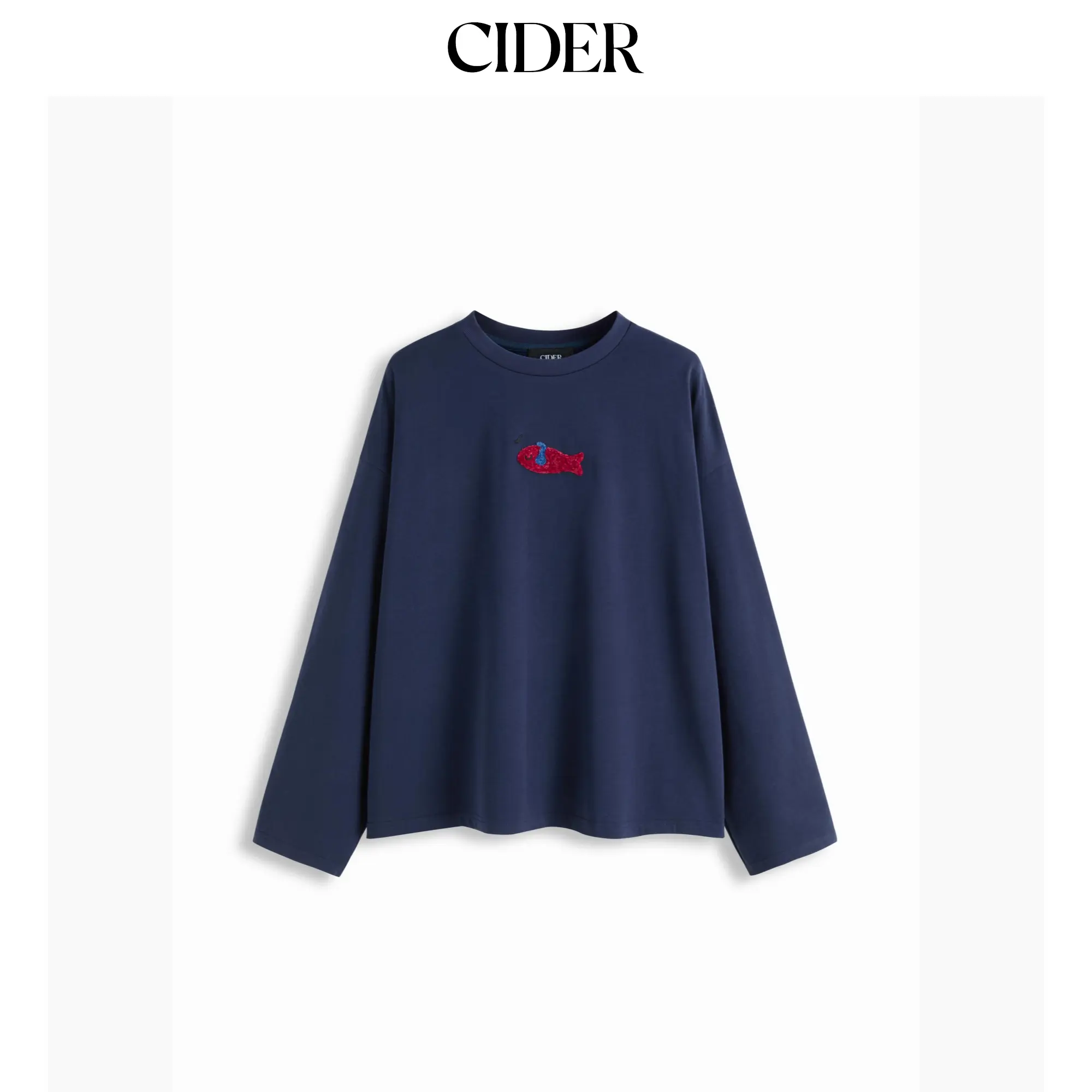 Cider Fish Embroidery Round Neckline Long Sleeve Oversized Tee SohoChic