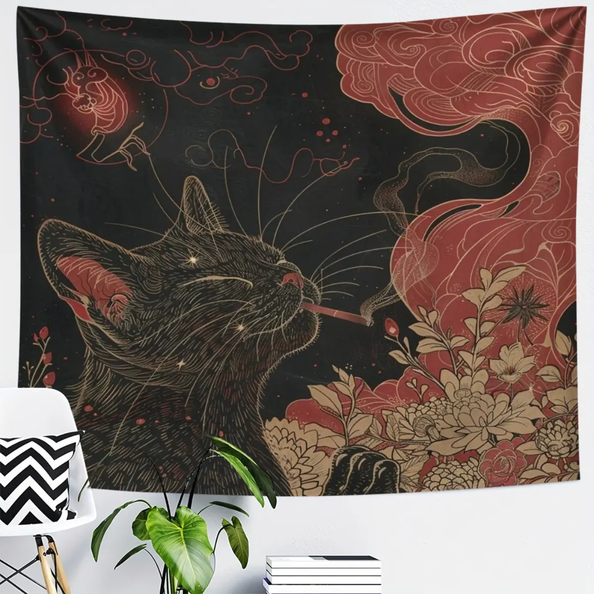1pc Black Cat Smoking Under Moon & Floral Tapestry Wall Hanging - Peach Light Beige Fabric Horizontal Ceiling-Mounted Decor for Living Room, Bedroom, Office, Dorm, Party & Live Stream Background