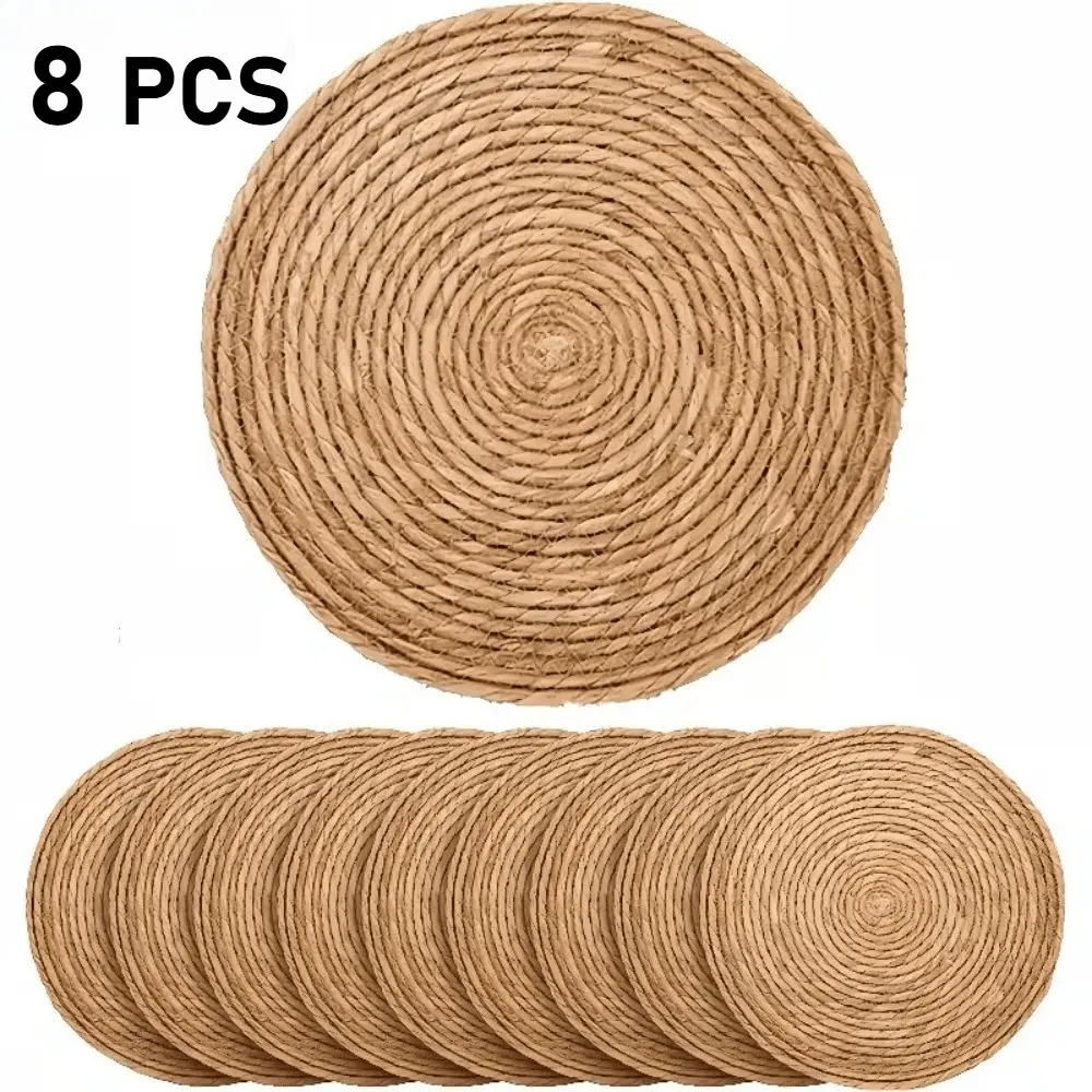 8 Pcs Round Handwoven Mat Set, Bohemian Style Thick Heat-Resistant Natural Rattan Table Mats, Non-Slip Washable, Farmhouse Decor for Dining Room, Kitchen, Parties, Weddings
