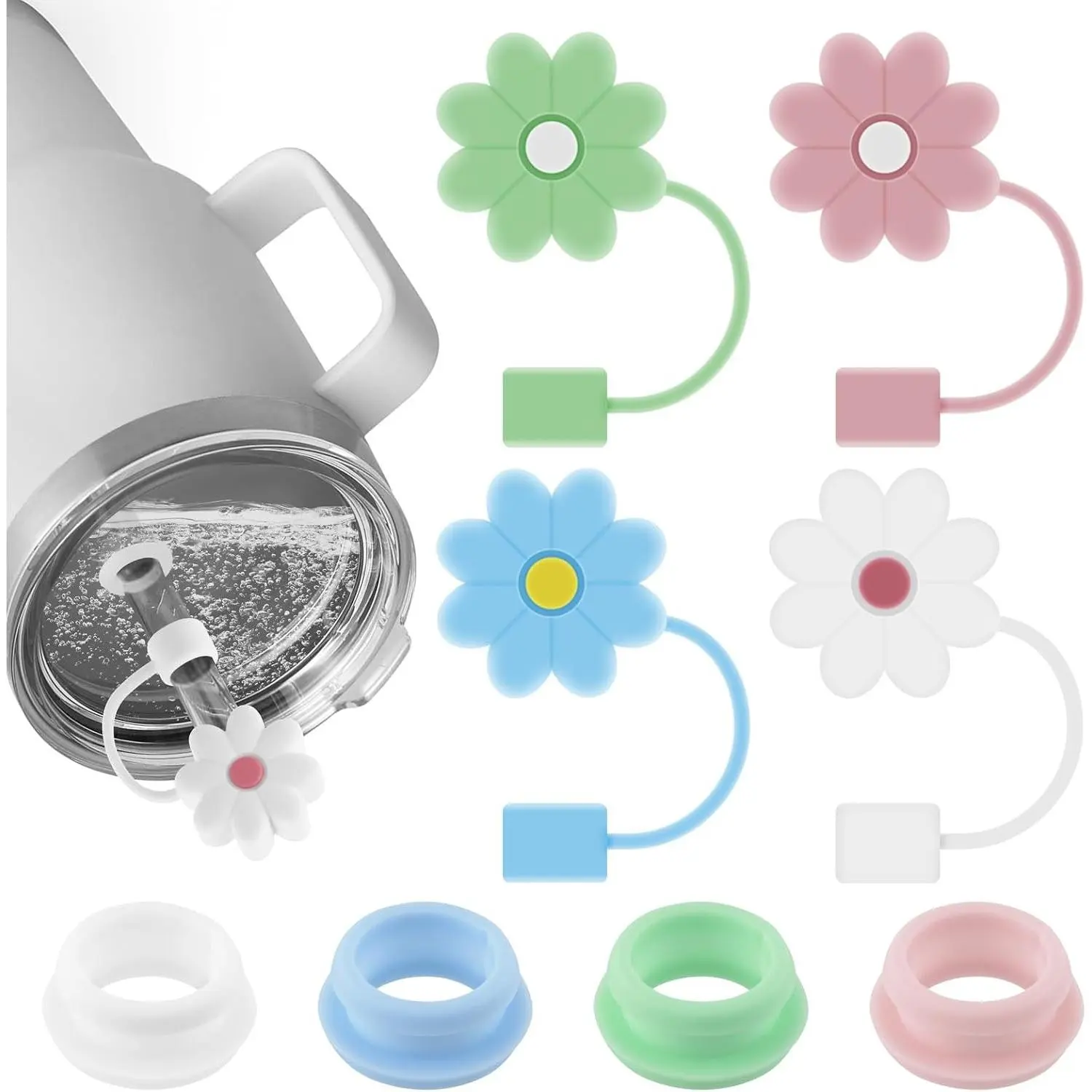 Silicone Spill Stopper Set - Compatible with YETI Straw Cup 16oz/20oz/24oz/25oz/26oz/35oz, 4 Straw Toppers, 4 Leak Proof Stoppers
