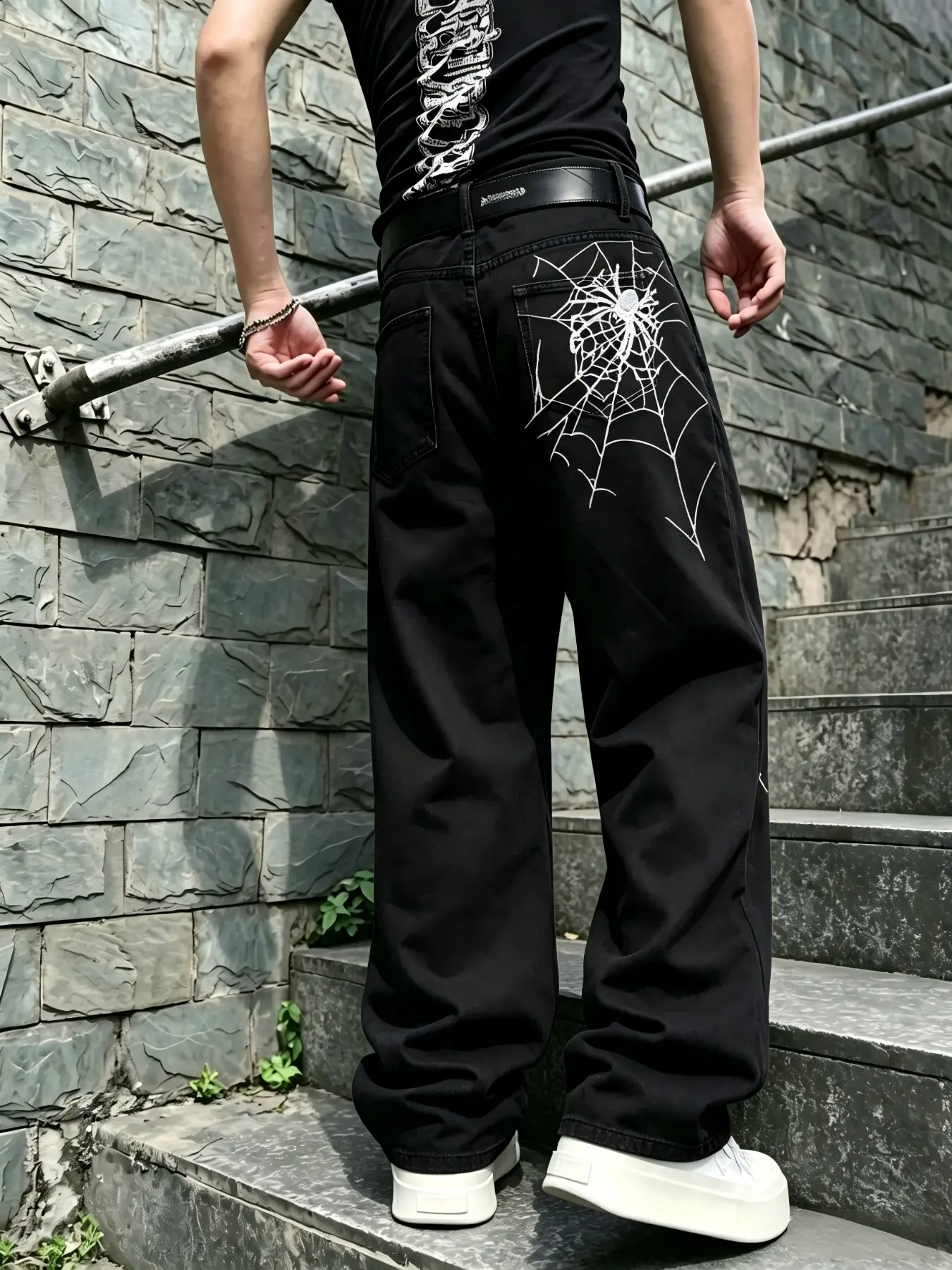 New Arrival Streetwear Straight-Leg Jeans, Casual Jeans Menswear, Spider Web Embroidery, American Retro Casual Long Pants for Men, All Seasons Loose-Fit