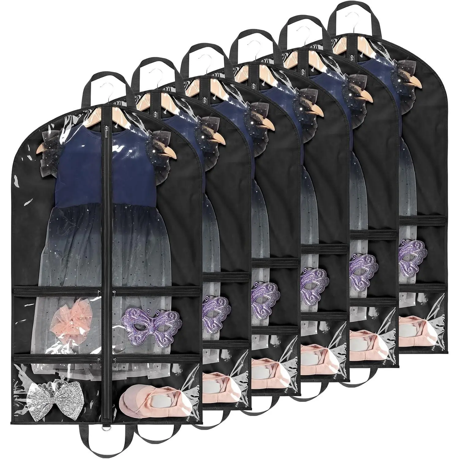 Clear Garment Bags for Dance Costumes 40 inch Dance Garment Bags for Dancers Hanging Clothes for Closet Storage, with 4 Zipper Pockets for Dance Competitions, Ballet, Theatre, 6 Pack, Black