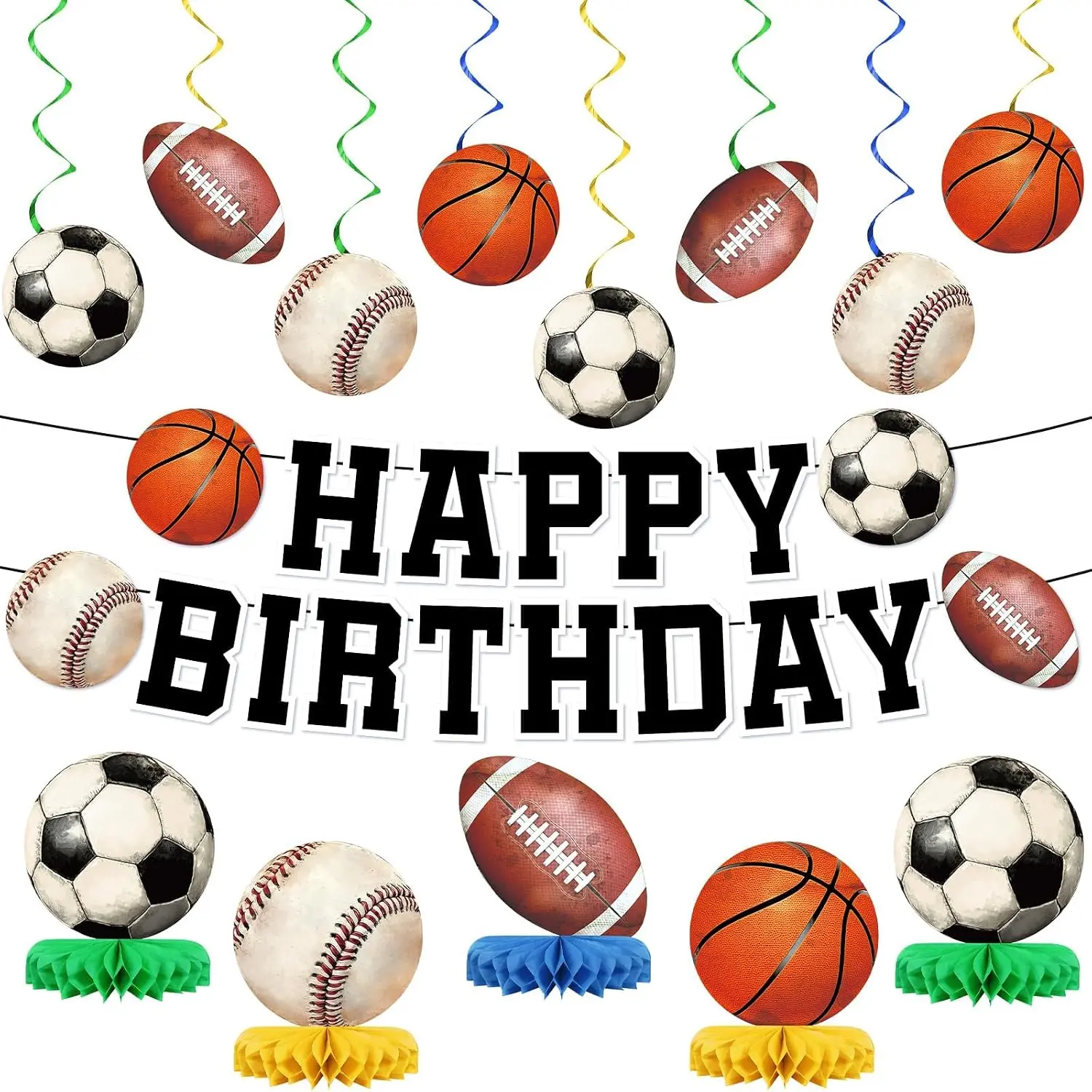 Birthday Party Decorations Happy Birthday Banners Football Basketball  Swirls Baseball Soccer Honeycombs Table Centerpieces for  Theme Party Supplies Favors Decor