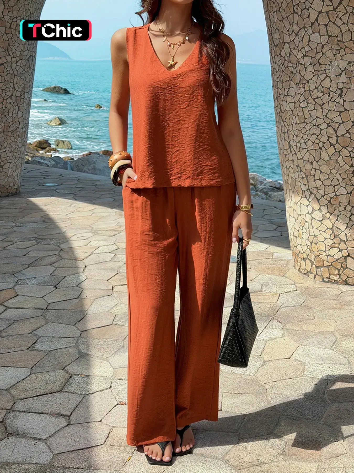 Fashion Casual Basic Women Two-Piece Set, V-Neck Sleeveless Top with Wide-Leg Conceal Fat Pants, Comfortable, Stylish and Fit for Daily Wear