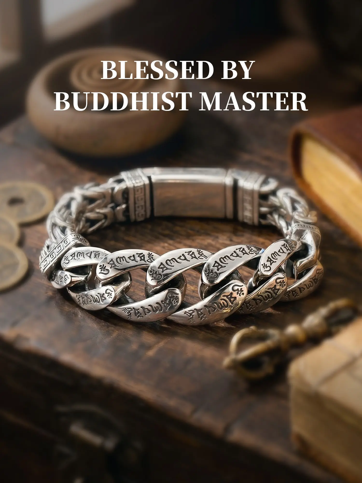 Vintage Silver Men's Bracelet, Bold Six-Character Mantra Blessing Charm, Retro Stainless Steel Peace Pattern Bangle, Punk Rock Lucky Amulet Jewelry for Men, Gifts for Him