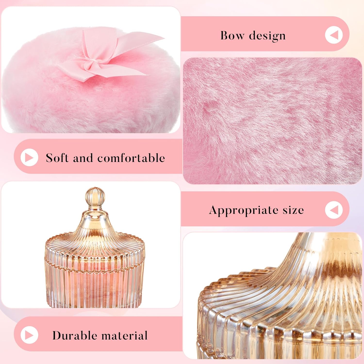 1 2 Body Powder Suction Cups 1 Glass Container Dry Cosmetic Powder Applicator with Dust Proof Cover Amber Iridescent Party Gift