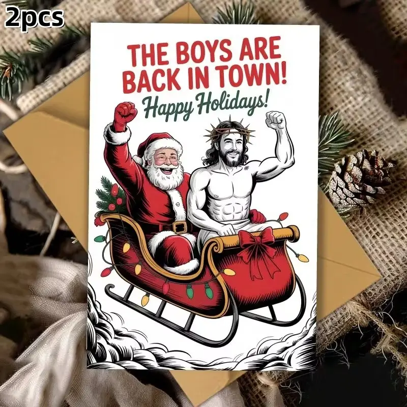 Funny Pop Culture Christmas Card with Envelope, Jesus & Santa Flexing Muscles "The Boys Are Back!", Black White Comic Style with Color Splash, Big Bang Theory Inspired Humor, Holiday Party Decor Birthday New Year Gift for Friends Family Fans