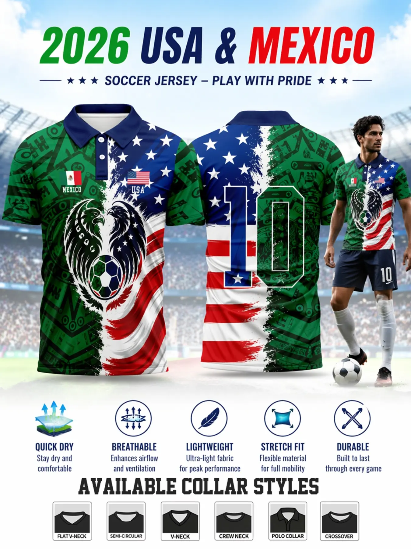 2026 Us-Mexico Dual Theme Soccer Jersey, Short Sleeve High-Performance Football Top, Quick-Dry Breathable Sportswear for All Seasons