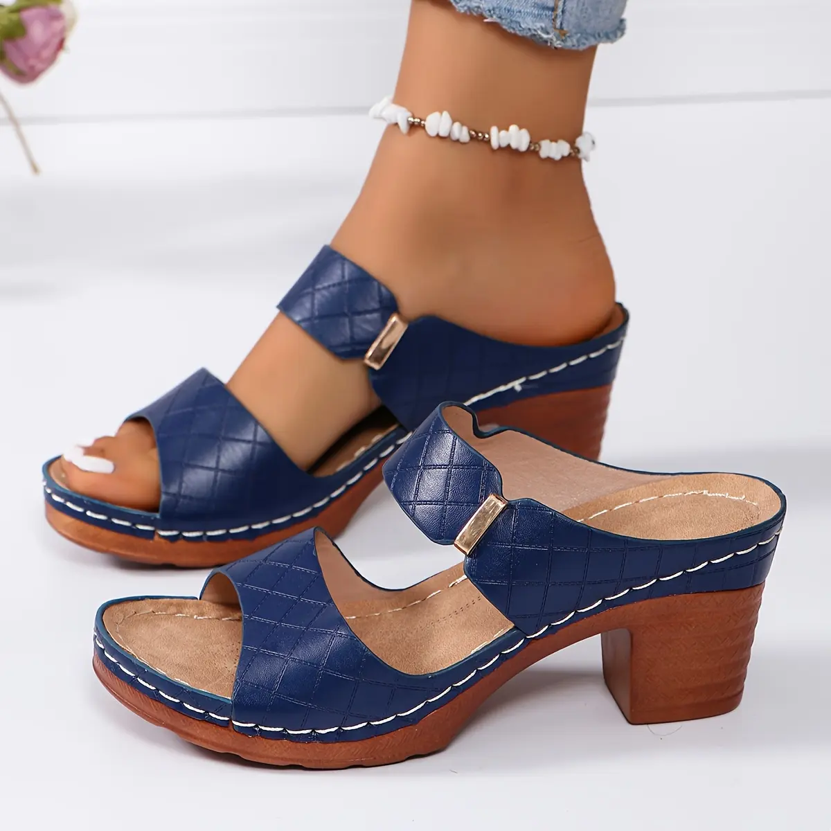Women Quilted Two Strap Slide Sandals Metallic Buckle Open Toe Wooden-Look Block Heel Multi-color Available Summer Casual Mules