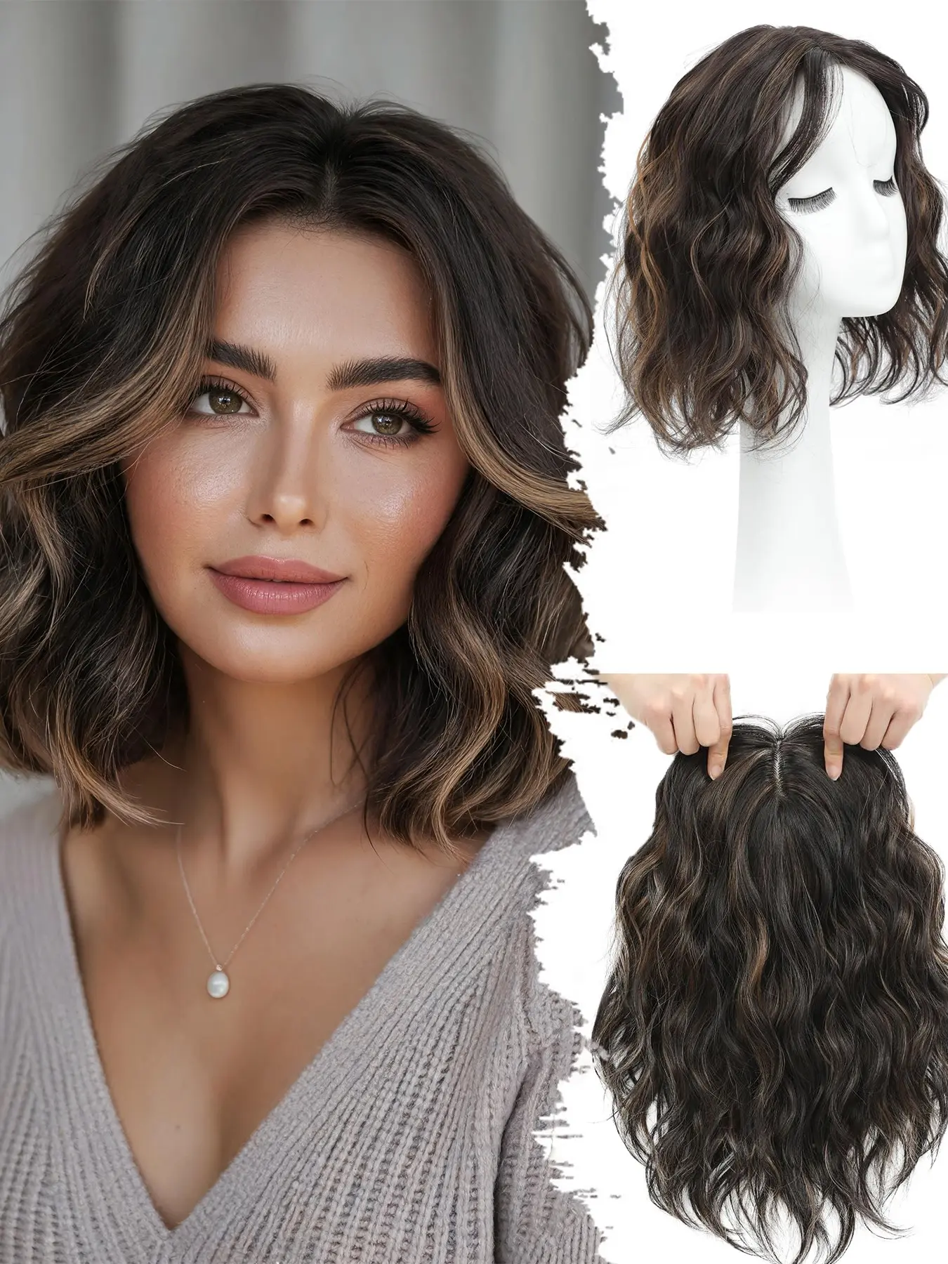 12 Inch Short Wavy Hair Topper, 6.5x6.5 Breathable Base, Lightweight High Density Synthetic Curly Wavy Hairpiece for Women, Enhance Instant Volume & Crown Coverage