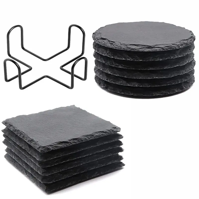 6 Pcs Round Stone Drink Coasters Set, 4 Inch Laser Engraved Stone Cup Mats, Scratch-Resistant Bottom, Office Kitchen Home Decor
