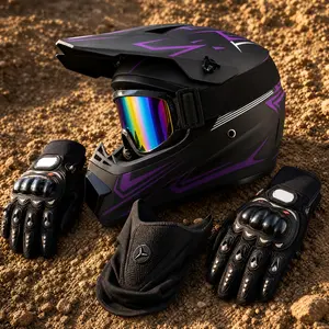 Casco Moto Offroad Cara Completa, Carcasa Robusta & Gráficos Morado Mate, Set 4 Piezas con Accesorios Incluidos, Para Hombres Mujeres Motocross Enduro & Pista, Protección Máxima Cómodo Ventilado Ligero