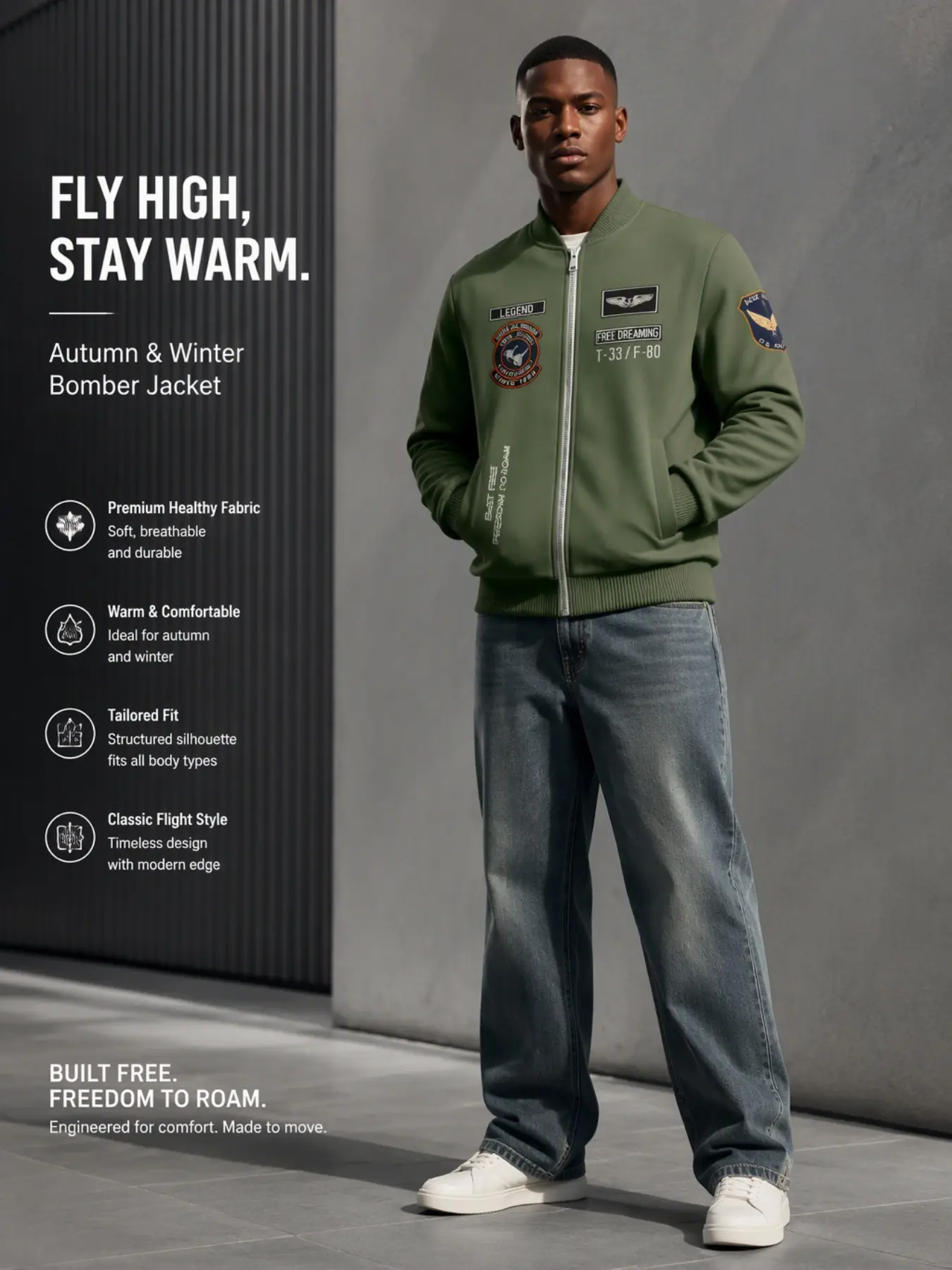 Men's Military Badge Pattern Zipper Bomber Jacket, Vintage Air Force Print Windproof Coat, Fall Winter Fashion Outerwear