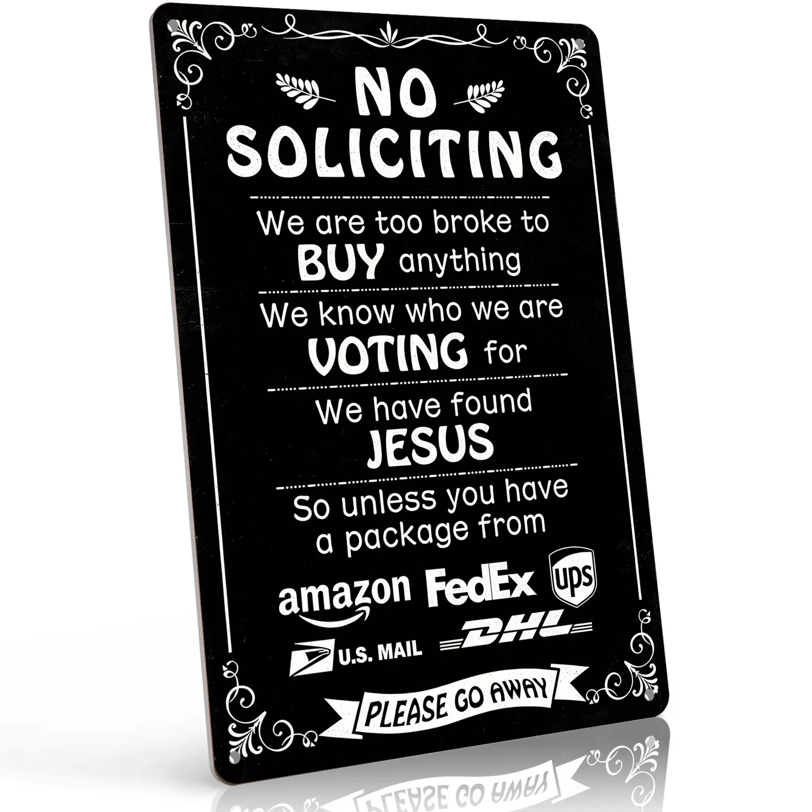 8x12 in Black Retro Comedy No Soliciting Aluminium Metal Sign - Weatherproof, Rustproof Home Decor Plaque for Front Door, Adult Home Decor Items with Wall Mount Capability (Indoor-Outdoor Gift)